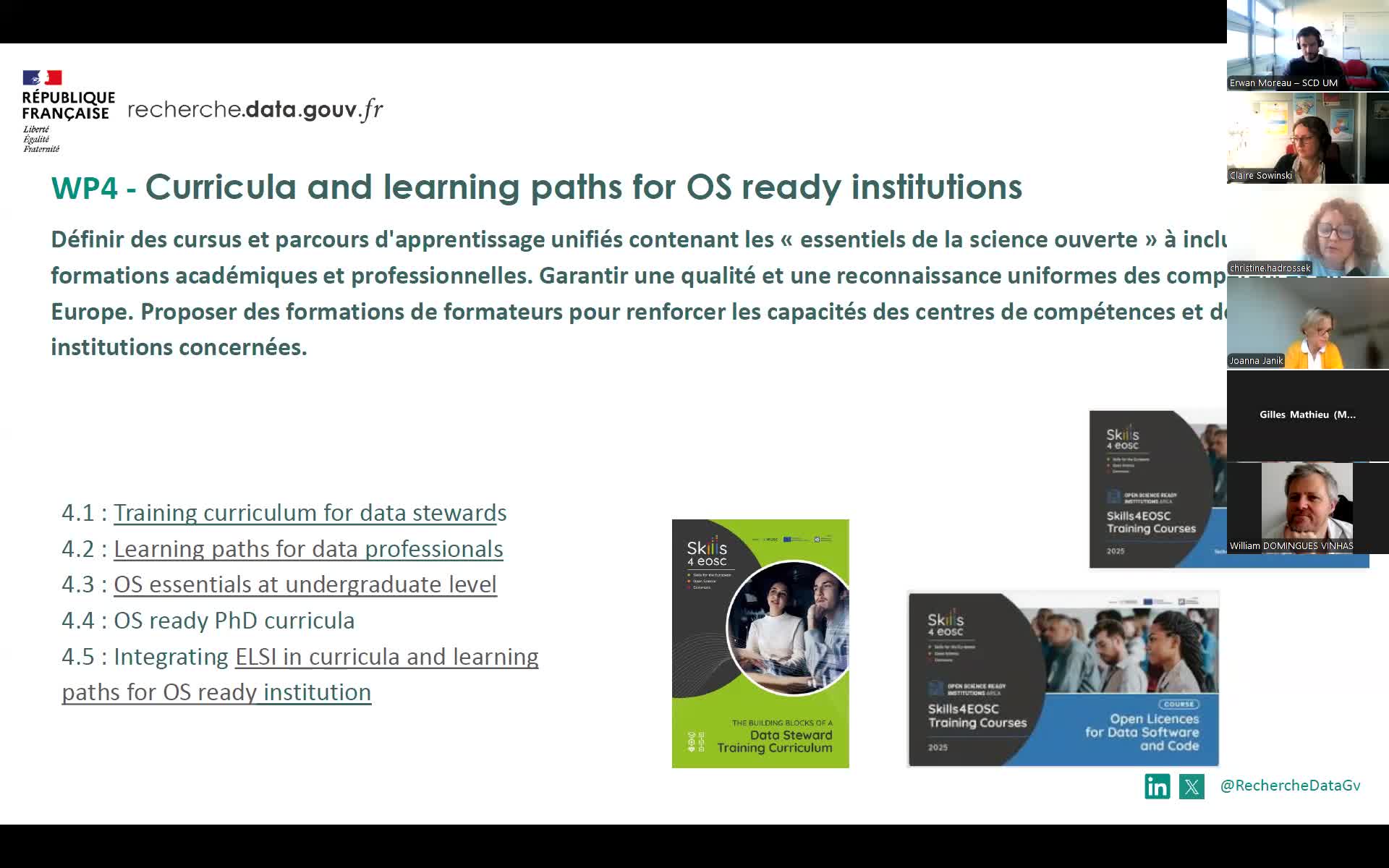 Atelier Skills4EOSC : Former, connecter, renforcer : Skills4EOSC au service des compétences pour la science ouverte. Présentation des WP et du réseau des Competence Centres