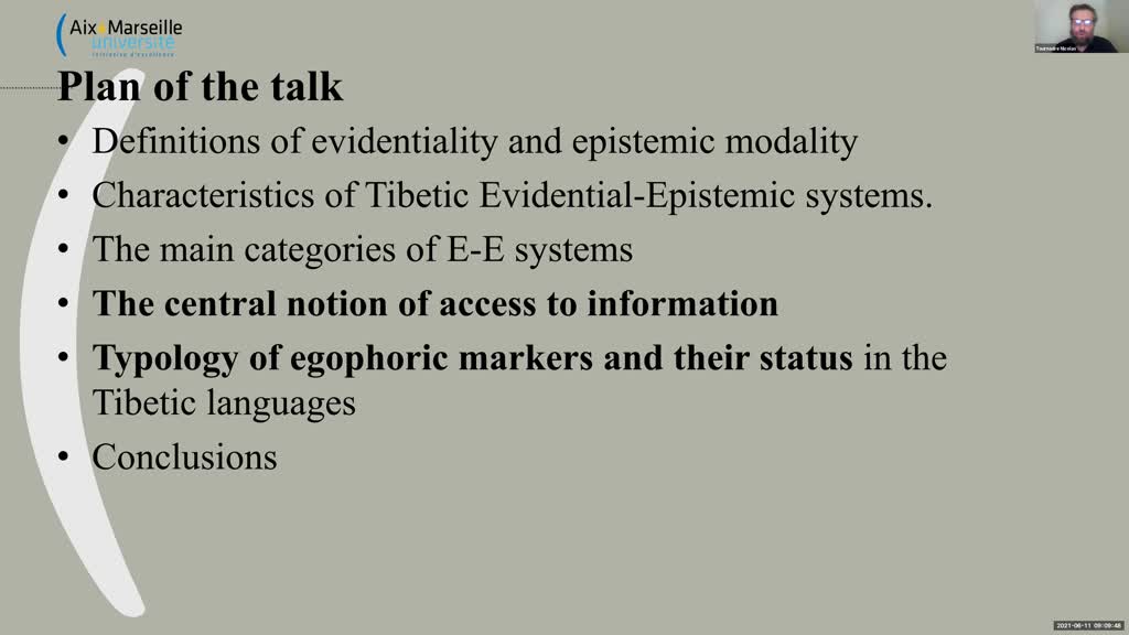 Nicolas Tournadre (AMU, Institut Universitaire de France, LACITO), "The Status of Egophoric Markers within the Tibetic Evidential-Epistemic Systems"